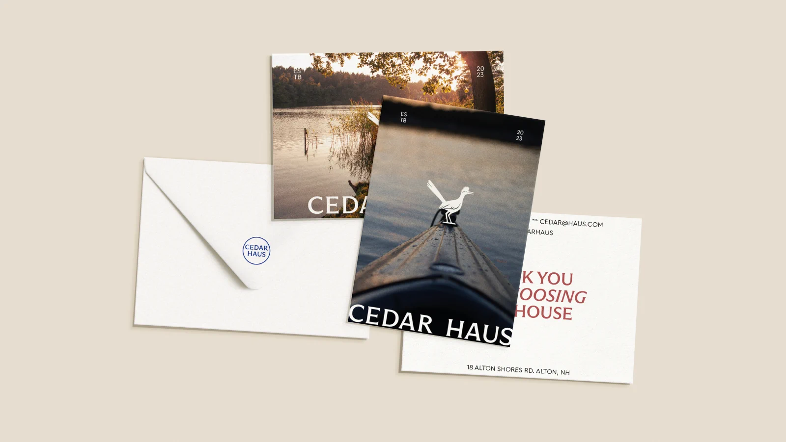 Full stationery spread - envelope, postcards, thank-you card