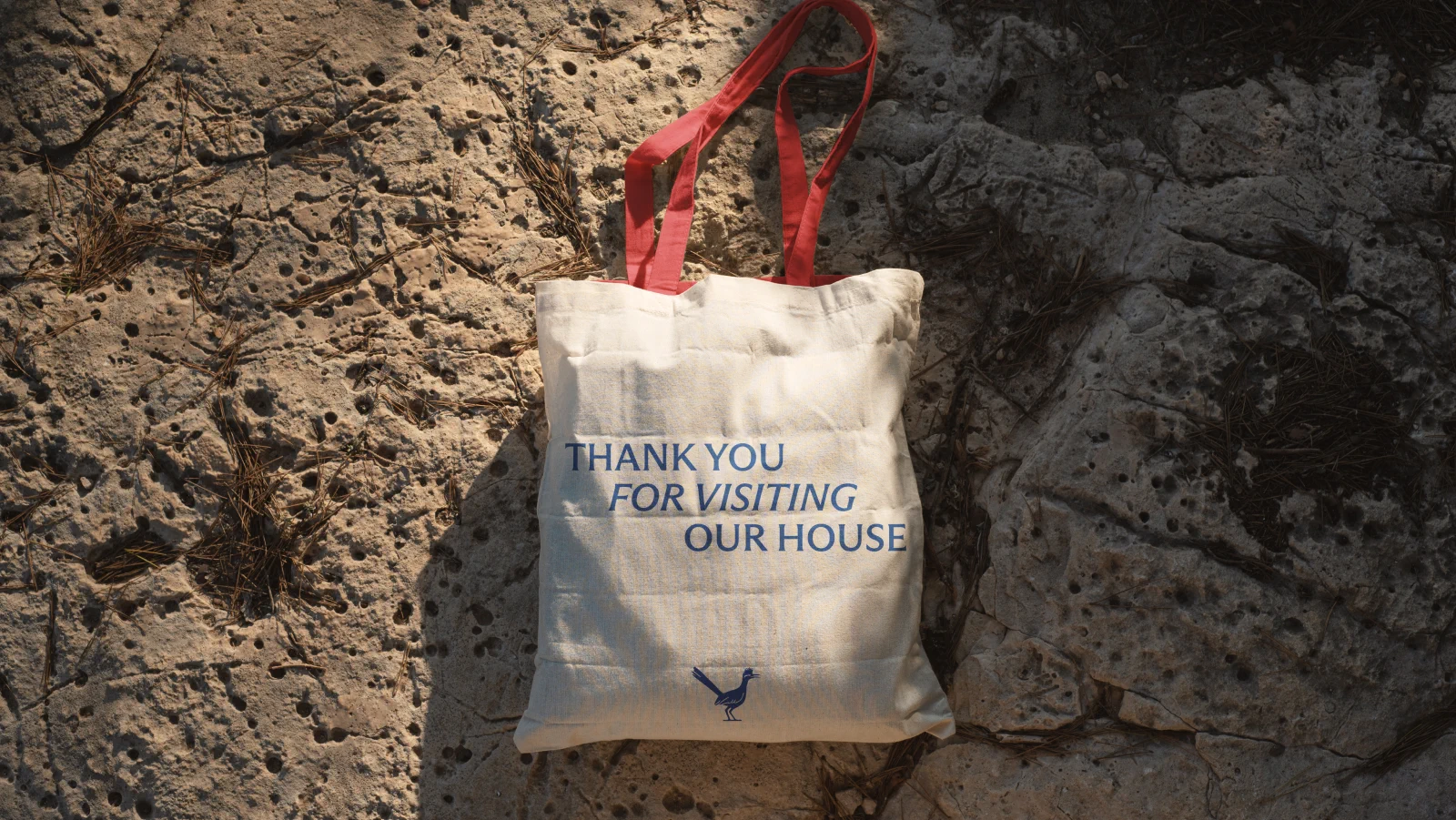 Thank You For Visiting Our House tote bag on rocks