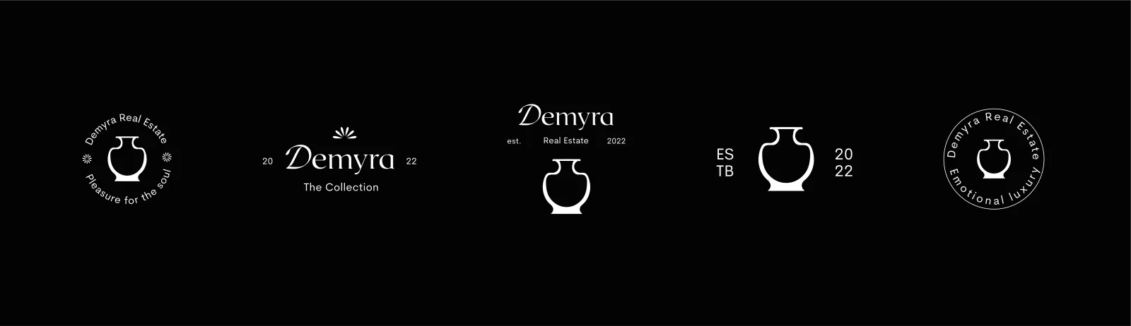Demyra logo lockups - circular seals, wordmark and vase mark on black