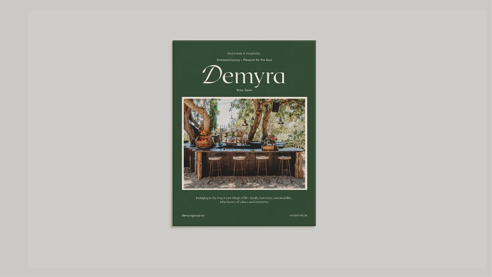 Bottle green Demyra poster with an outdoor bar under olive trees