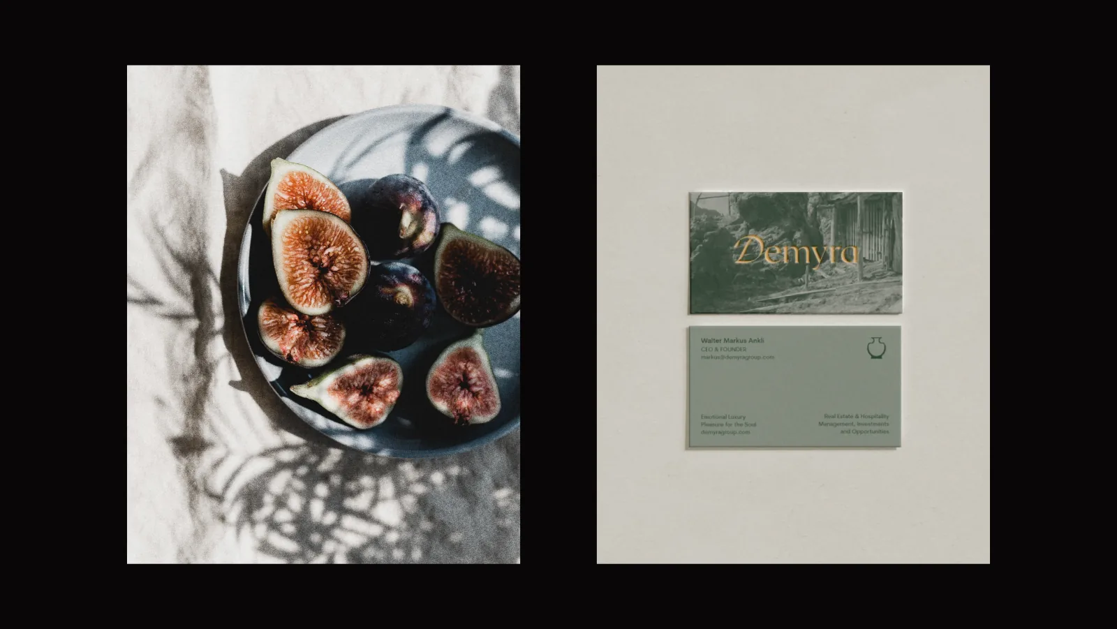 Figs on a plate beside gold-embossed Demyra business cards