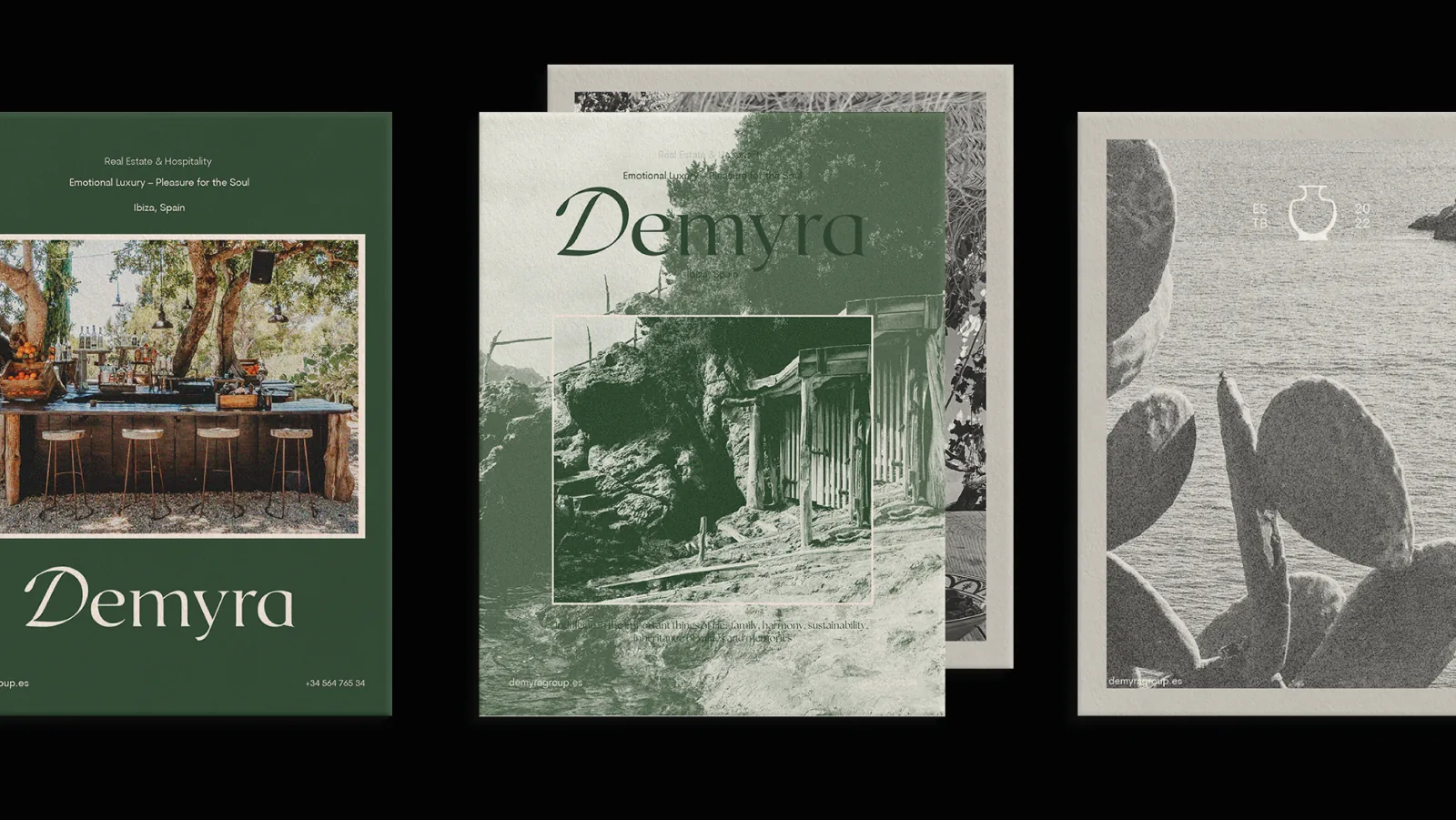 Three Demyra posters - green, duotone and grayscale sea with cactus