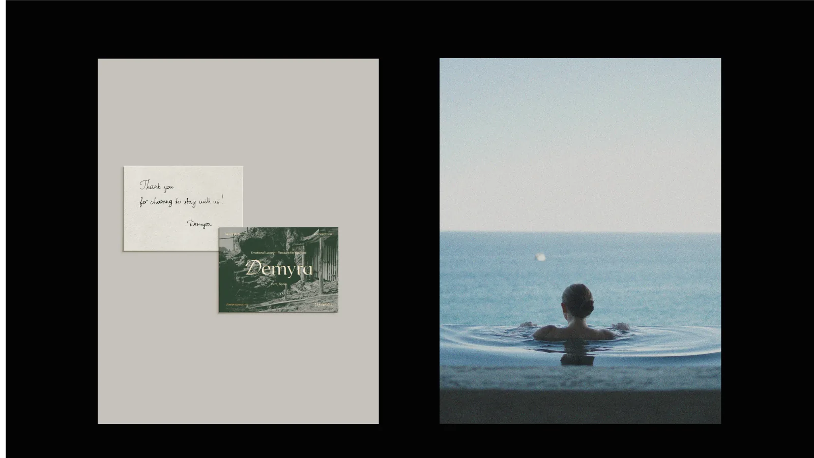 Handwritten thank-you note and postcard beside a woman in an infinity pool