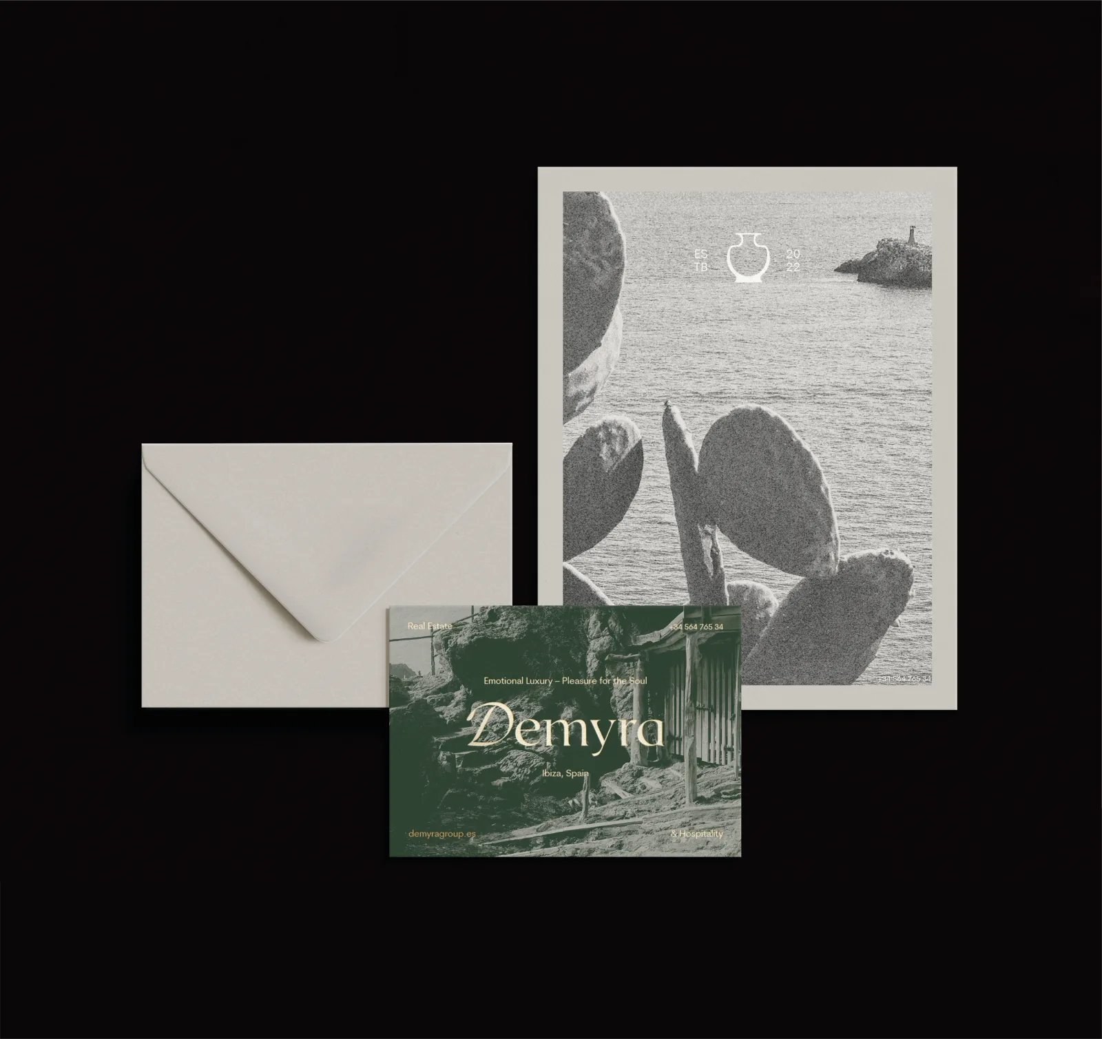 Envelope, postcard and grayscale sea print with vase mark