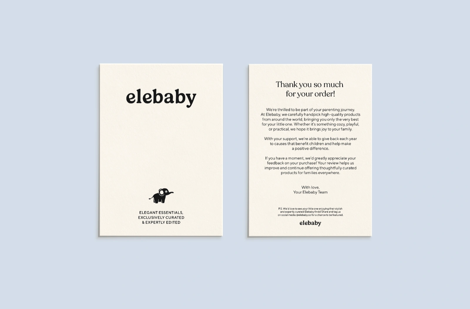 Thank-you card and brand collateral on natural linen