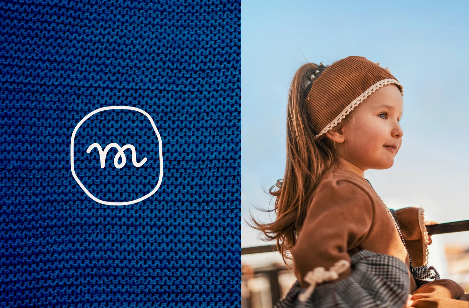 Minter brand opening - logo on knit texture alongside child portrait