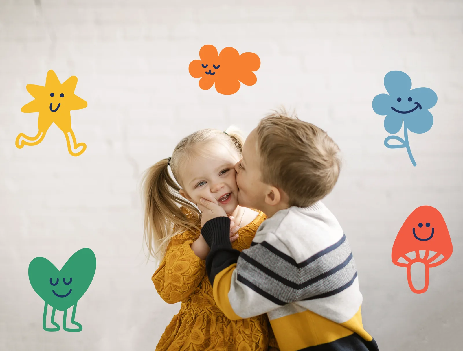Brand characters in use - children photo with illustrated mascots