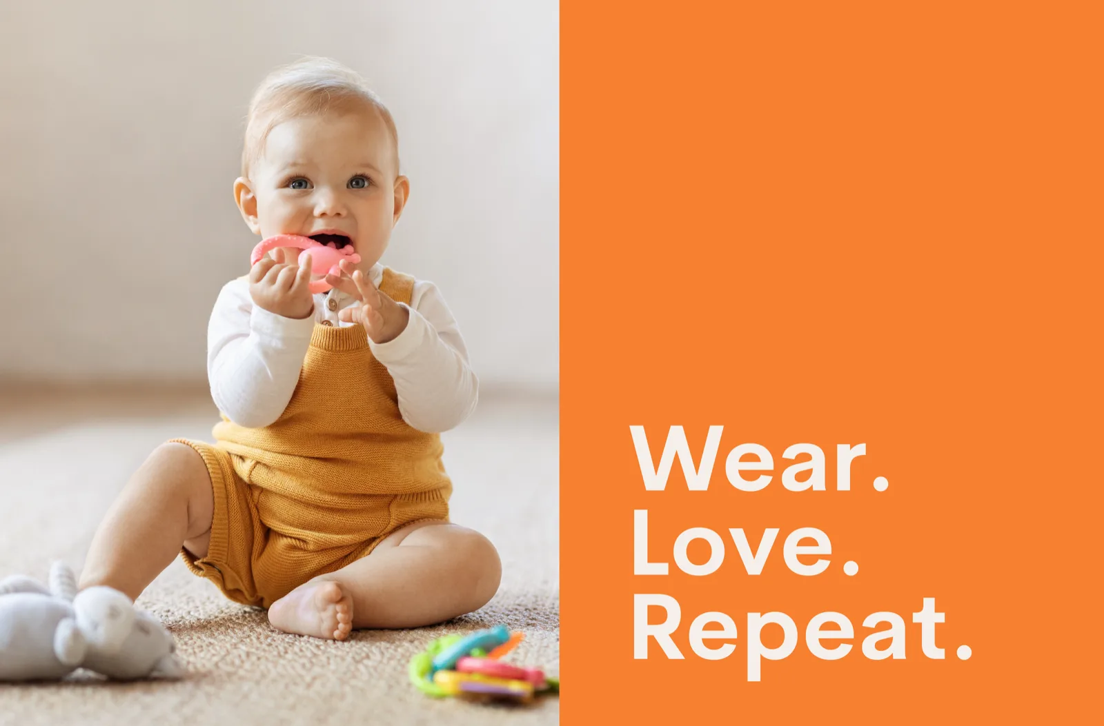 Tagline application - baby portrait with brand message on orange