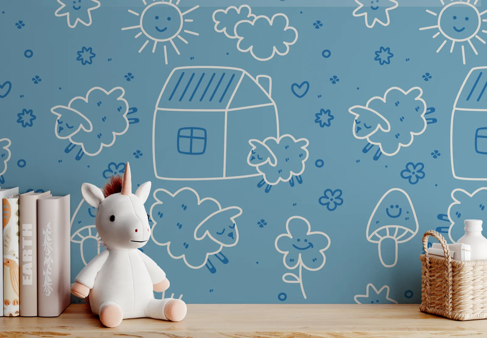 Pattern applied as room wallpaper on blue background