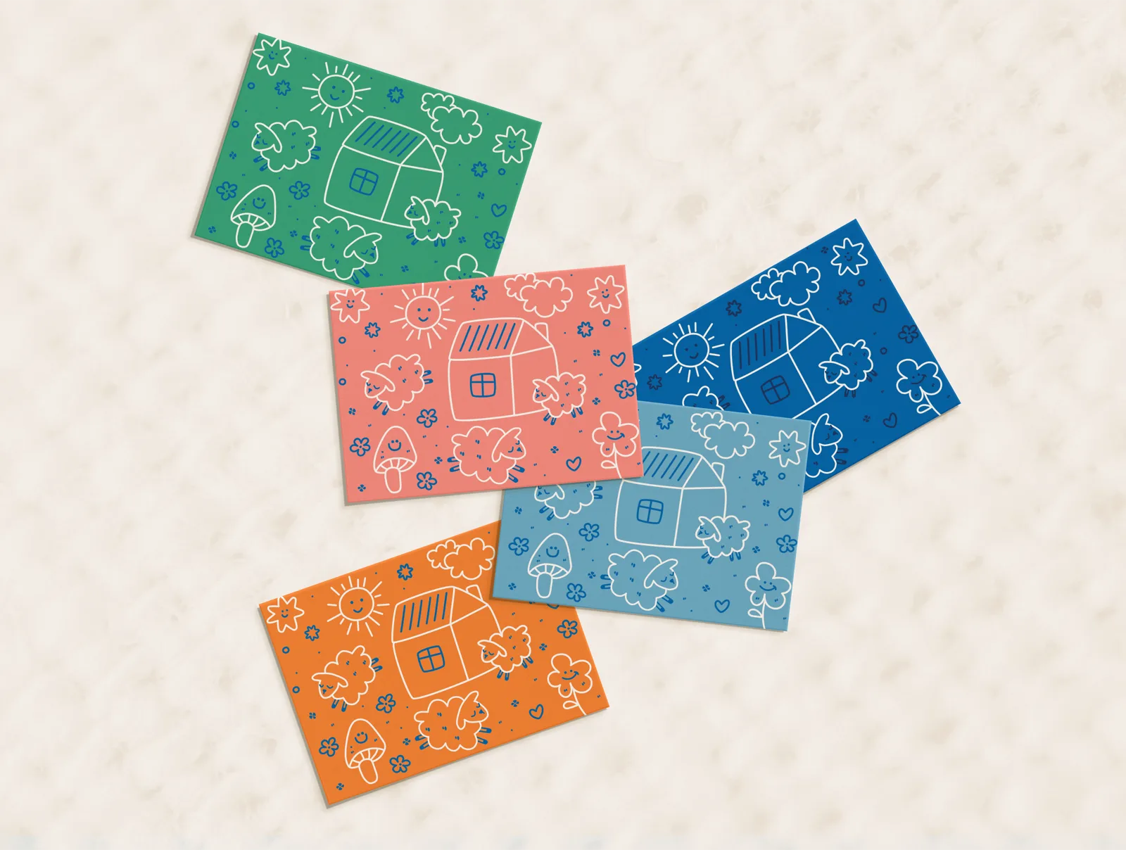 Pattern cards in four colorways - green, pink, blue, orange