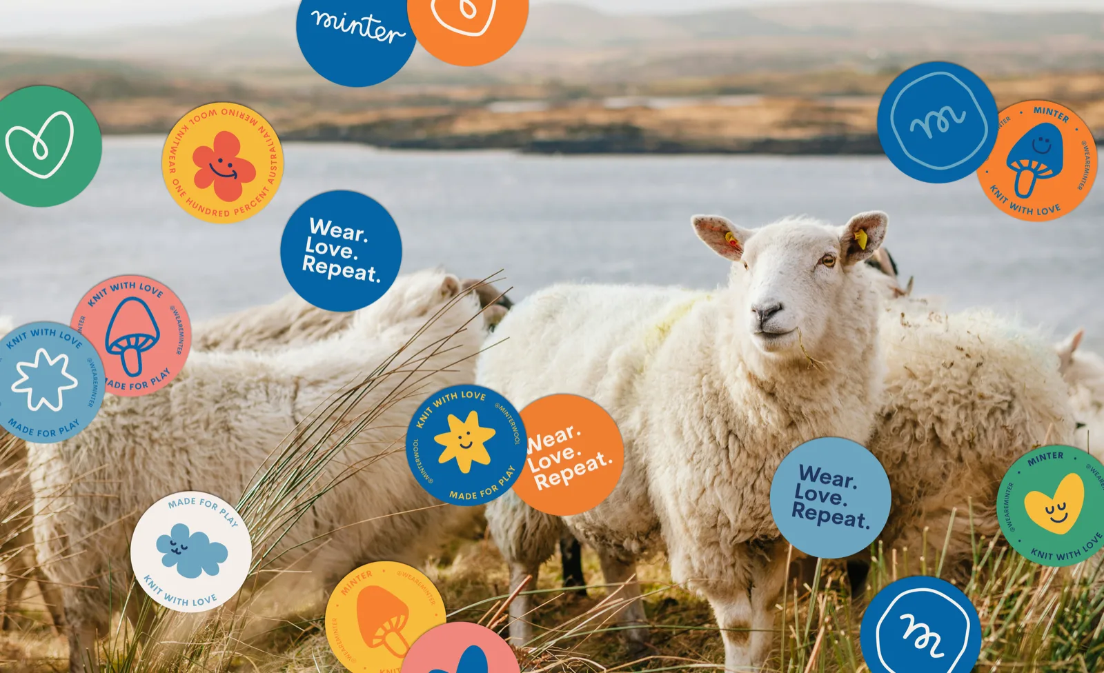 Brand sticker collage over sheep landscape photo