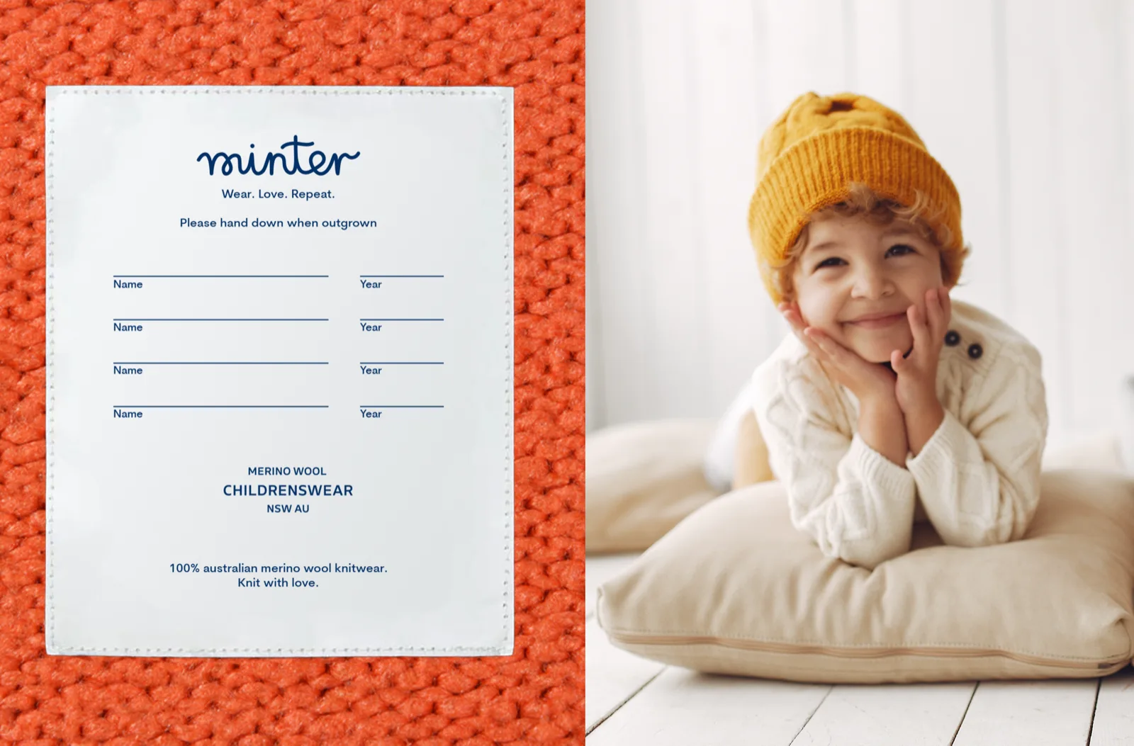 Sewn-in care label on orange merino knit with child portrait