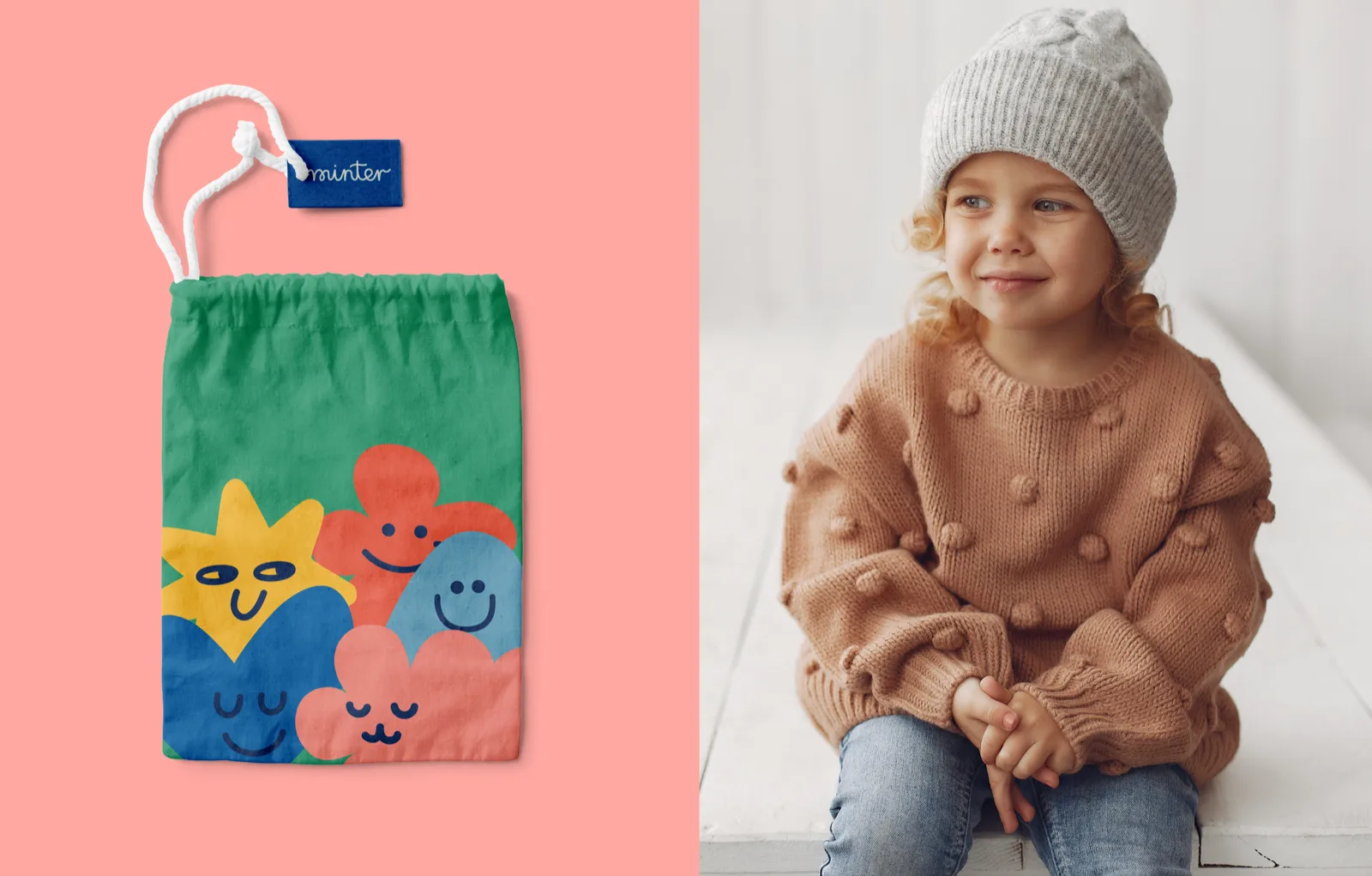 Green fabric pouch with mascot print and woven label, child in pink knit