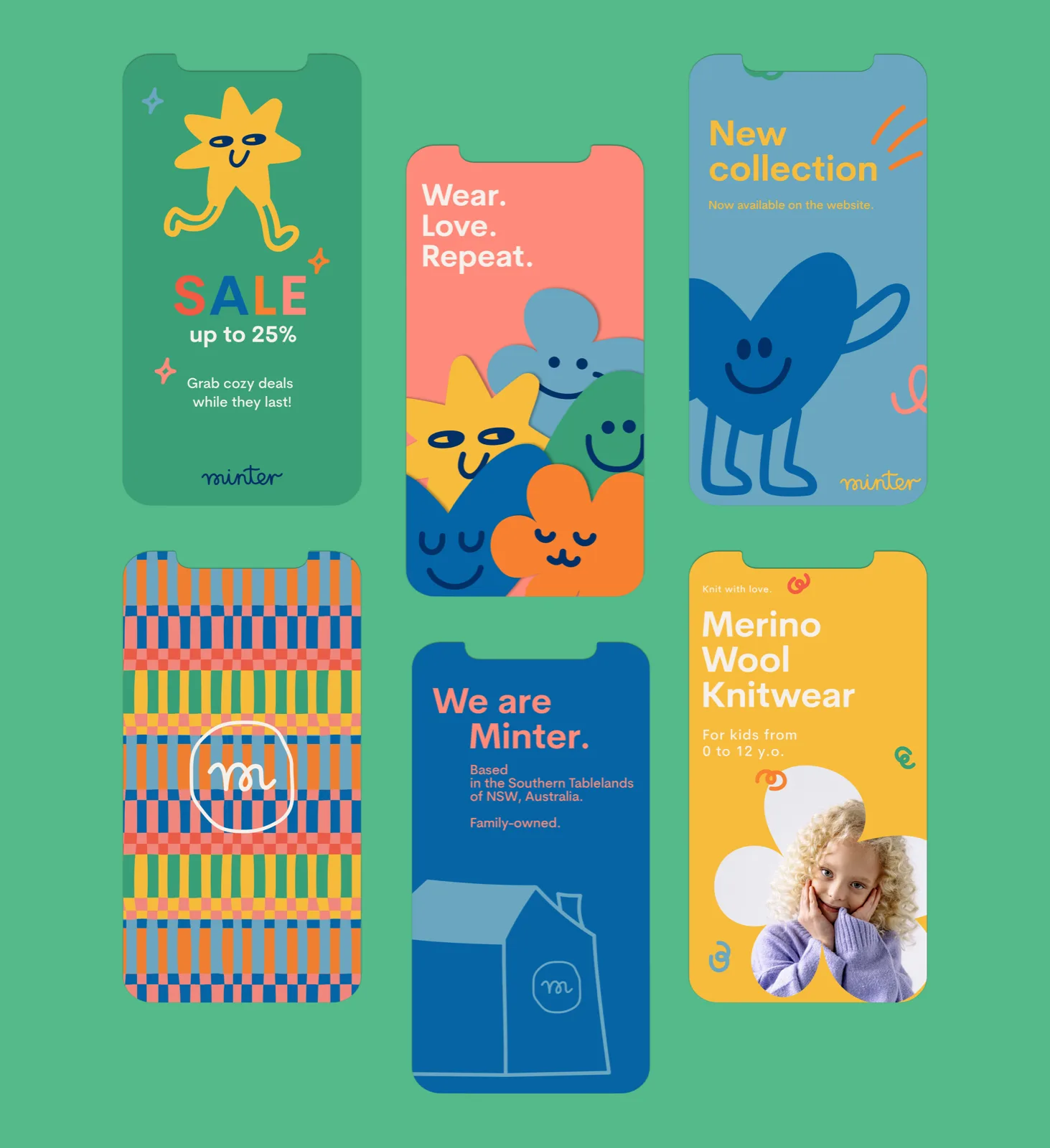 Social media story templates - six phone mockups on green